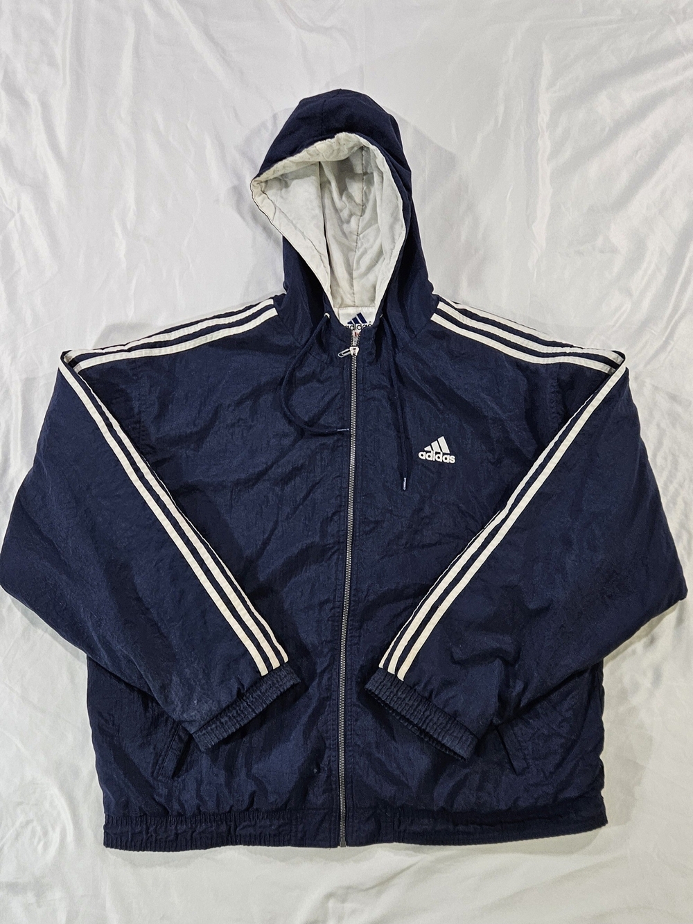 Vintage 90s Adidas Quilted Lined Hooded Puffer Track Jacket Navy Blue Men's XL